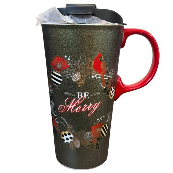 Cypress Home Ceramic Travel Coffee Latte Tea Mug BE MERRY Christmas Cardinal 17 - Picture 2 of 10